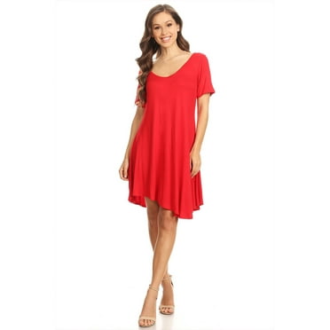 Women's Relaxed Fit Knit Short A-Line Dress with V-Neck and Asymmetrical Hem