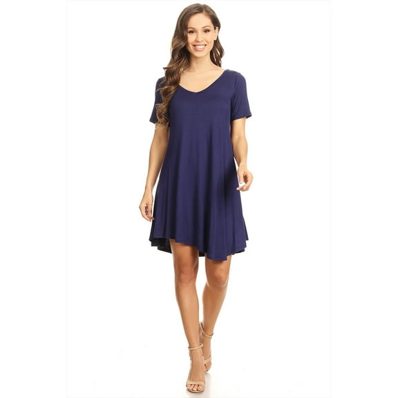 Women's Relaxed Fit Knit Short A-Line Dress with V-Neck and Asymmetrical Hem