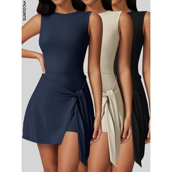 Women's Solid Knot Wrap Sports Tank Romper, Casual Round Neck Romper for Summer, Back-to-School Clothing, Sports Sleeveless Onesies, Pickleball Clothes, Tennis Outfits, Ladies Sportswear