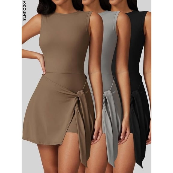 Women's Solid Knot Wrap Sports Tank Romper, Casual Round Neck Romper for Summer, Back-to-School Clothing, Sports Sleeveless Onesies, Pickleball Clothes, Tennis Outfits, Ladies Sportswear