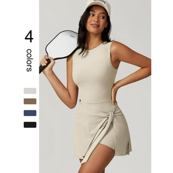Women's Solid Knot Wrap Sports Tank Romper, Casual Round Neck Romper for Summer, Back-to-School Clothing, Sports Sleeveless Onesies, Pickleball Clothes, Tennis Outfits, Ladies Sportswear