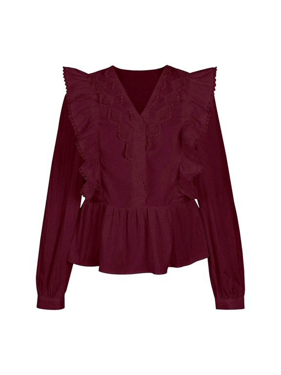 Women's Solid Lace Ruffle Long Sleeve Peplum Blouse Wine Red M