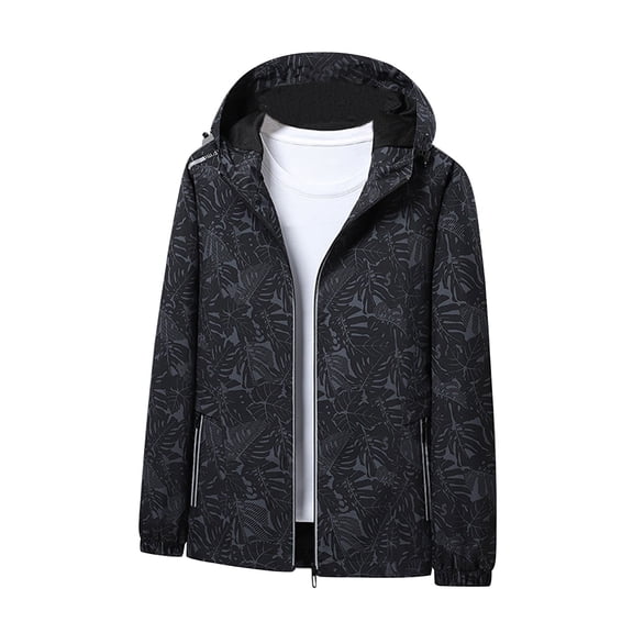 Women's Solid Leaf Print Windproof Waterproof Jacket Outdoor Long Sleeve Coat with Pockets Casual Lightweight With Hood Zip Outerwear