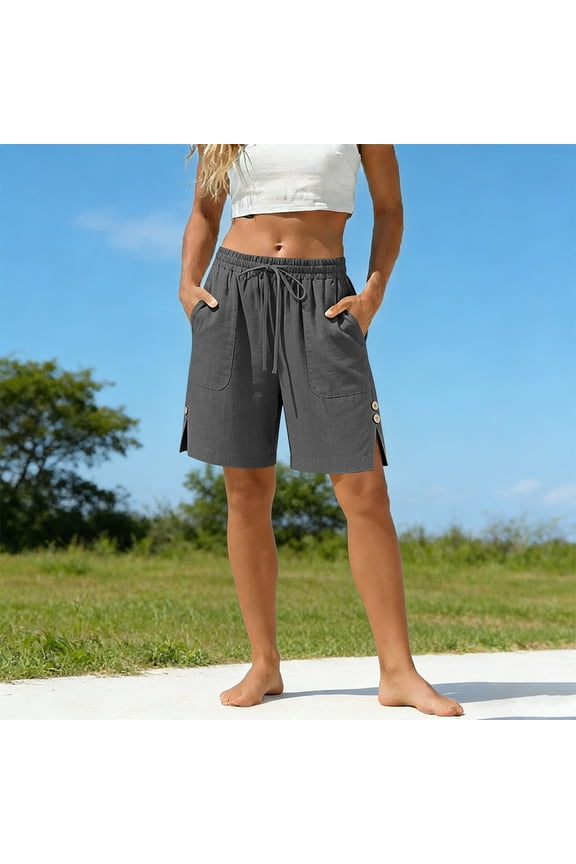 Women's Solid Linen Blend Split Side Pants Button-Front Casual Trousers with Pockets for Women Breathable Summer Wardrobe Essential