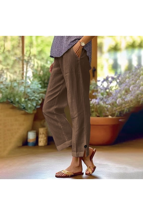 Women's Solid Linen Button Fly Wide Leg Open Pants
