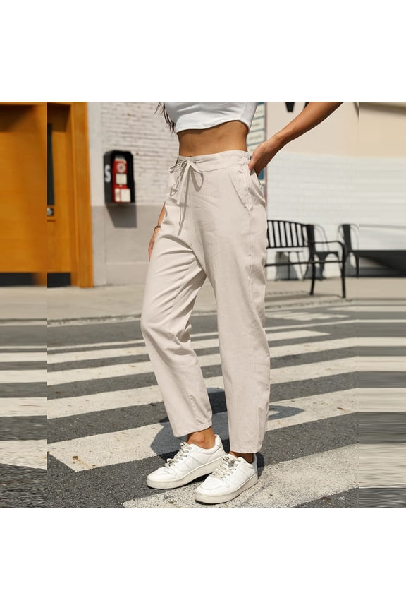 Women's Solid Linen Casual Pants With Drawstring Elastic Waist Slim Fit Tapered Long Trousers Dress Pants for Women Business Casual plus Women's Pants Womens Winter Pants Casual High Waist Tan