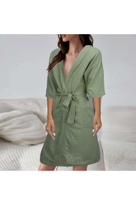Women's Solid Linen Cotton Short Sleeve Pajama Robe - Lightweight Breathable Sleepwear for Summer Home Comfort Green