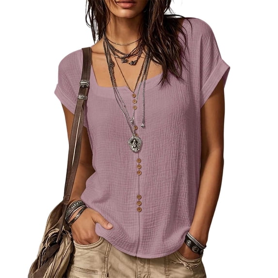 Women's Solid Linen Short Sleeve U-Neck Button Top Summer T-Shirt