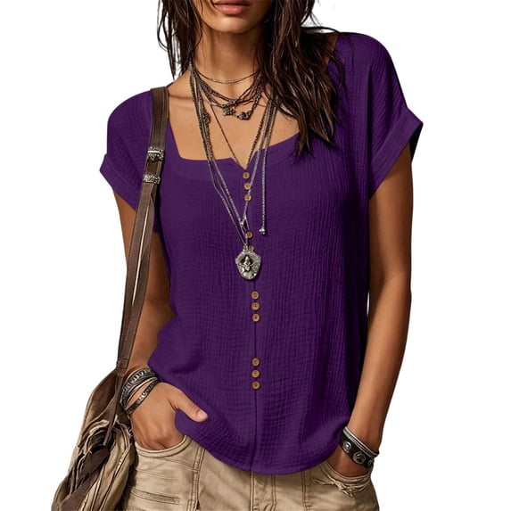 Women's Solid Linen Short Sleeve U-Neck Button Top Summer T-Shirt