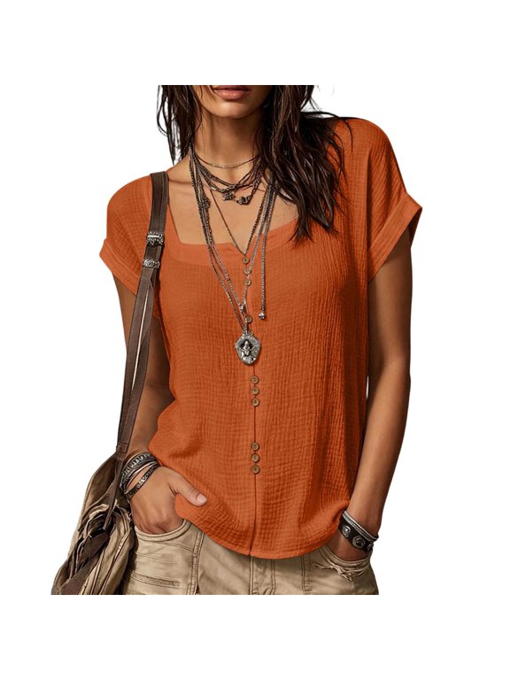 Women's Solid Linen Short Sleeve U-Neck Button Top Summer T-Shirt