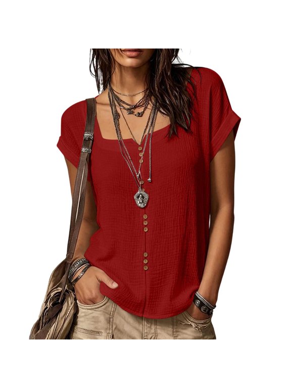 Women's Solid Linen Short Sleeve U-Neck Button Top Summer T-Shirt