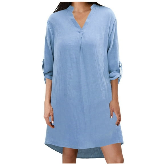 Women's Solid Long Sleeve 3/4 Length Casual Maxi Shirt Dress Button Down Blouse Top