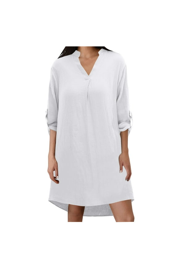 Women's Solid Long Sleeve 3/4 Length Casual Maxi Shirt Dress Button Down Blouse Top