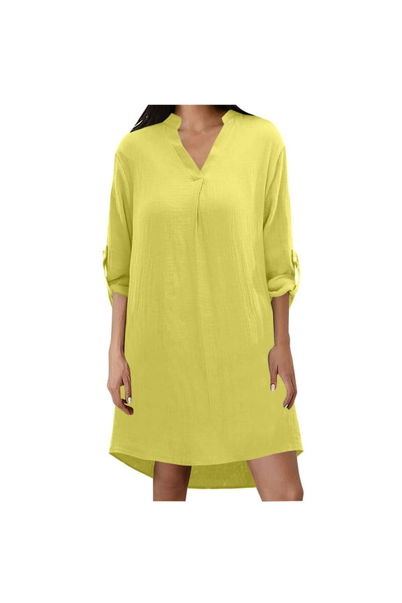 Women's Solid Long Sleeve 3/4 Length Casual Maxi Shirt Dress Button Down Blouse Top
