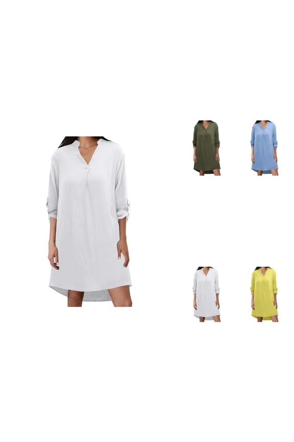 Women's Solid Long Sleeve 3/4 Rolled-Up Sleeve Button-Down Maxi Dress, Casual Side Slit Shirt Top, Comfortable Fit for Everyday Wear