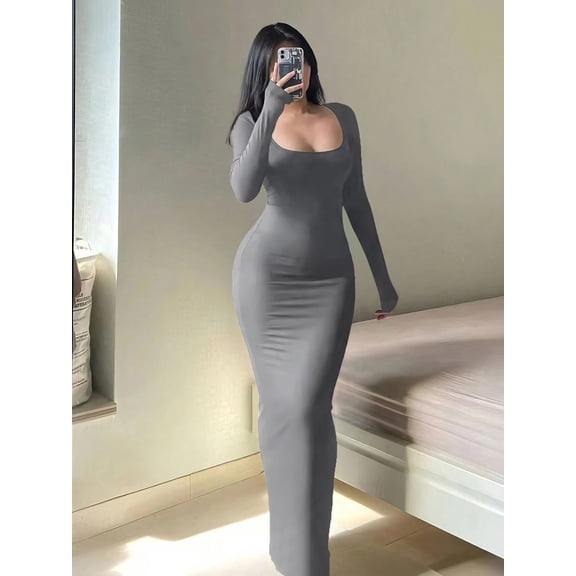 Women's Solid Long Sleeve Bodycon Dress, Chic Basic Minimalist Causual Fashion Scoop Neck Long Dress, Womenswear