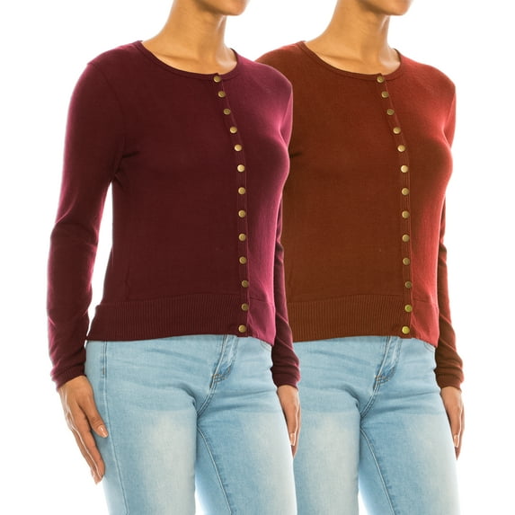 Women's Solid Long Sleeve Crew Neck Snap Button Soft Sweater Cardigan (Pack of 2)