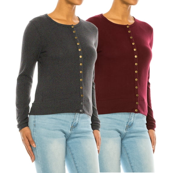 Women's Solid Long Sleeve Crew Neck Snap Button Soft Sweater Cardigan (Pack of 2)