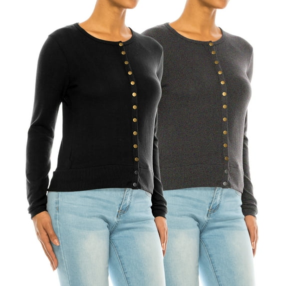 Women's Solid Long Sleeve Crew Neck Snap Button Soft Sweater Cardigan (Pack of 2)