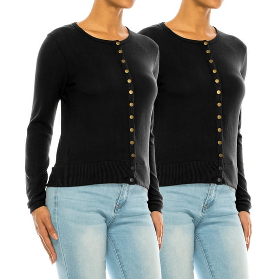 Women's Solid Long Sleeve Crew Neck Snap Button Soft Sweater Cardigan (Pack of 2)