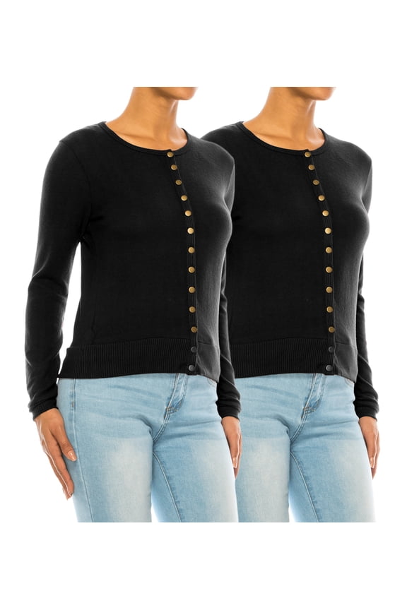 Women's Solid Long Sleeve Crew Neck Snap Button Soft Sweater Cardigan (Pack of 2)