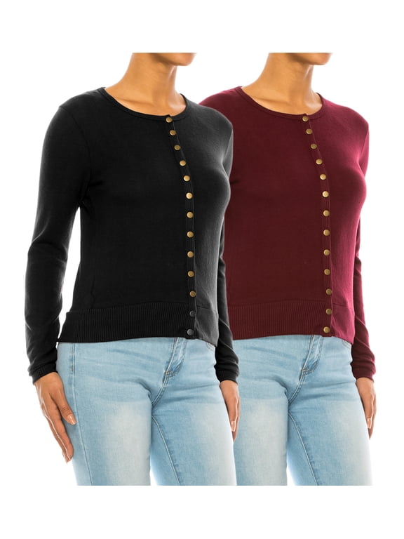 Women's Solid Long Sleeve Crew Neck Snap Button Soft Sweater Cardigan (Pack of 2)