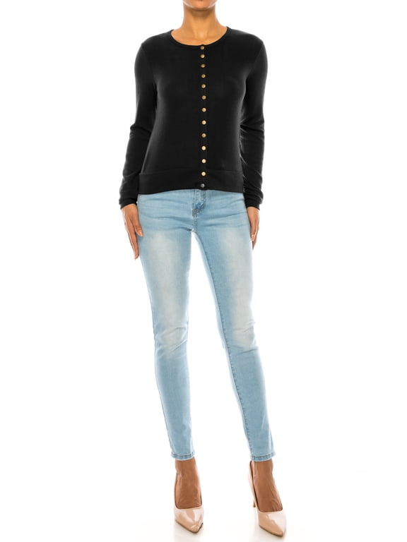 Women's Solid Long Sleeve Crew Neck Snap Button Soft Sweater Cardigan