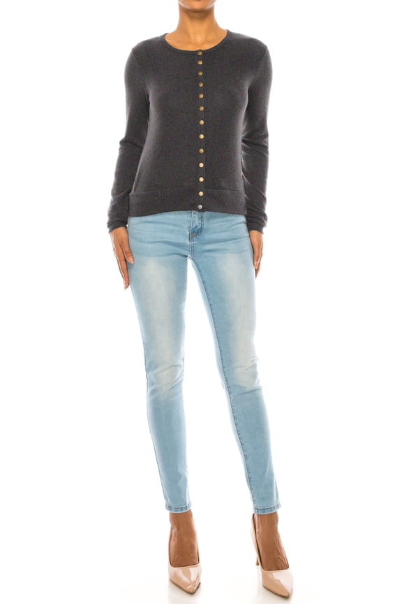 Women's Solid Long Sleeve Crew Neck Snap Button Soft Sweater Cardigan