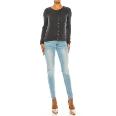 Women's Solid Long Sleeve Crew Neck Snap Button Soft Sweater Cardigan