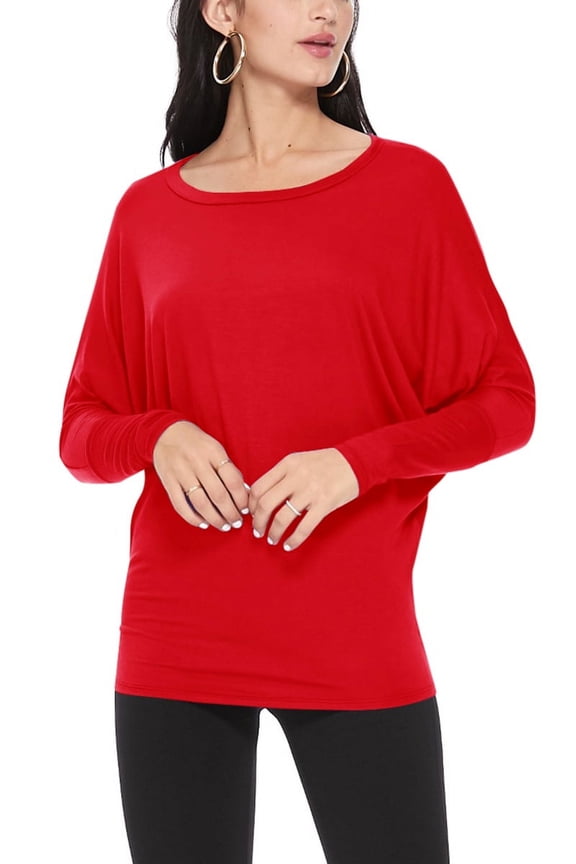 Women's Solid Long Sleeve Jersey Dolman Style Boat Neck CasualTop S-3XL Red M
