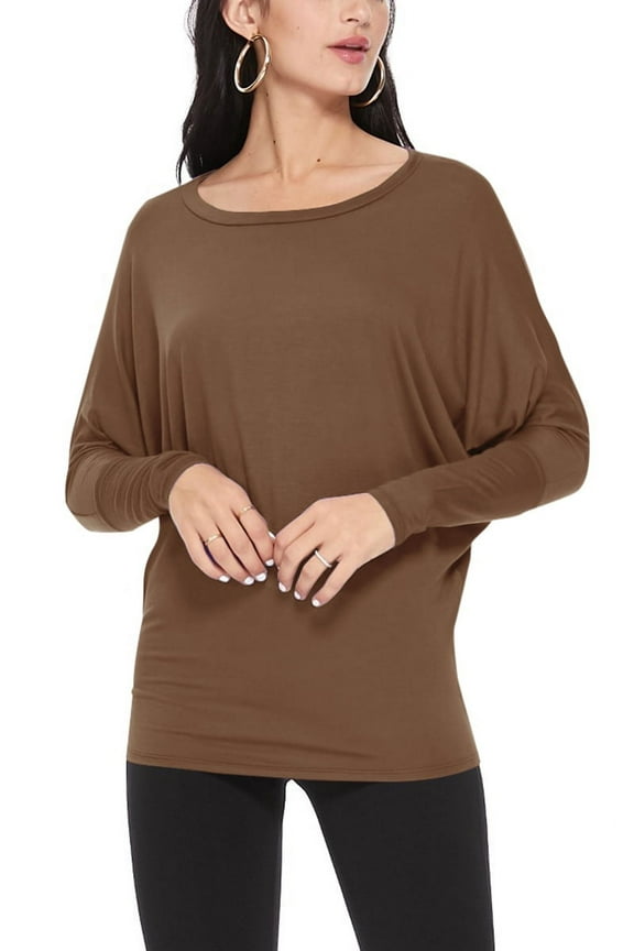 Women's Solid Long Sleeve Jersey Dolman Style Boat Neck CasualTop S-3XL