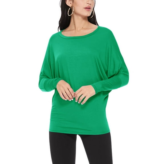 Women's Solid Long Sleeve Jersey Dolman Style Boat Neck Casual Tee Top S-3XL