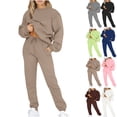 thumbnail image 1 of Women's Solid Long Sleeve Set Sweatsuit Outfits for Women Oversized Crew Neck Sweatshirt Jogger Pants Set with Pockets Soft Loungewear Streetwear Sports Outfit Khaki L, 1 of 6