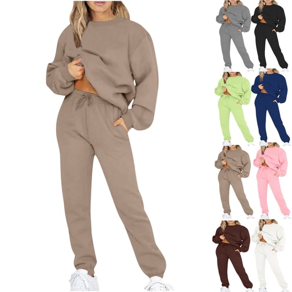 Women's Solid Long Sleeve Set Sweatsuit Outfits for Women Oversized Crew Neck Sweatshirt Jogger Pants Set with Pockets Soft Loungewear Streetwear Sports Outfit Khaki L
