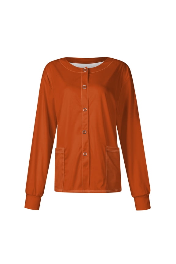Women's Solid Long Sleeve Snap‑Front Scrub Jacket Terylene Twill Nurse Warm‑Up Cardigan with Pockets Orange L