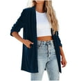 thumbnail image 1 of Women's Solid Long Sleeve Velvet Jacket Open Front Cardigan Coat Outerwear with Pockets Navy Blue L, 1 of 6