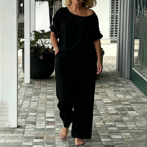 Women's Solid Loose Drawstring Short Sleeve Round Neck Blouse Shirt Set