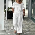 thumbnail image 1 of Women's Solid Loose Drawstring Short Sleeve Round Neck Blouse Shirt Set, 1 of 6