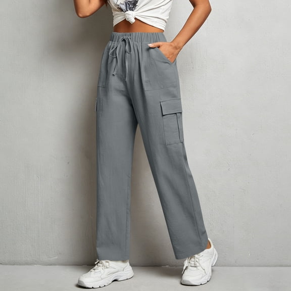 Women's Solid Loose Fit Casual Pants With Functional Pockets, Cotton Blend Soft Fabric Straight Leg Trousers For Work Office, Walking, Travel, Comfy Low Rise | TruBelle,Light Blue L