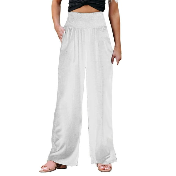 Women's Solid Loose Relaxed High Waist Cotton Pocket Wide Leg Pants