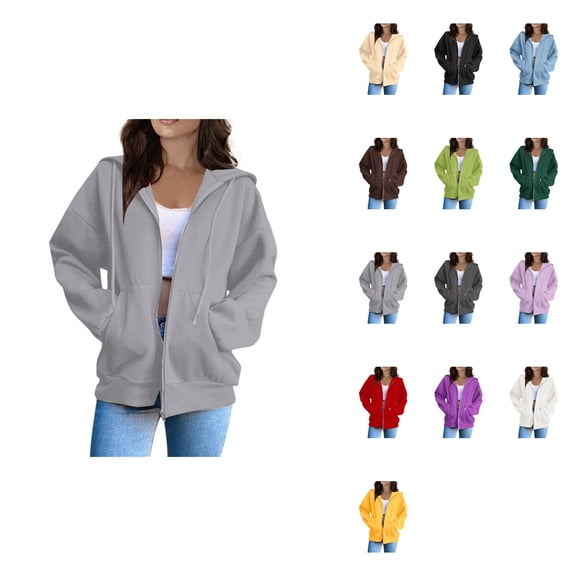 Women's Solid Loose Hoodie, Long Sleeve Hooded Zipper Jacket for Fashion Casual Wear