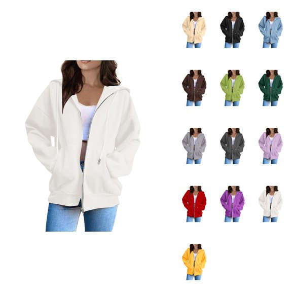 Women's Solid Loose Hoodie, Long Sleeve Hooded Zipper Jacket for Fashion Casual Wear