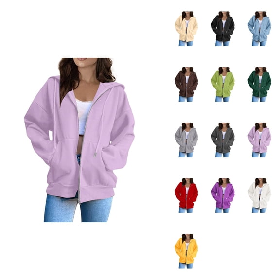 Women's Solid Loose Hoodie, Long Sleeve Hooded Zipper Jacket for Fashion Casual Wear