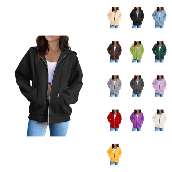 Women's Solid Loose Hoodie, Long Sleeve Hooded Zipper Jacket for Fashion Casual Wear