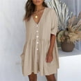 thumbnail image 1 of Women's Solid Loose V-Neck Ladies Casual Half Sleeve Button Pocket Mini Dress Knit Dress Women Button Front Dress Womens Summer Dresses Sexy Woman's Dresses Summer Women Vintage Dress Dress for Women, 1 of 7
