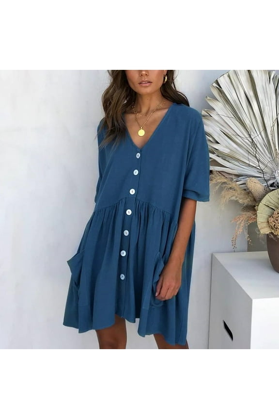 Women's Solid Loose V-Neck Ladies Casual Half Sleeve Button Pocket Mini Dress Knit Dress Women Button Front Dress Womens Summer Dresses Sexy Woman's Dresses Summer Women Vintage Dress Dress for Women