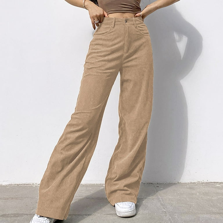 Women's Solid Mid Waisted Wide Leg Pants Straight Casual Baggy Trousers  Beige S
