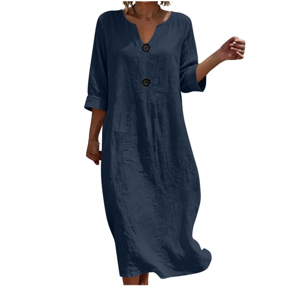 Women's Solid Midi Dress, Cowl Neck 3/4 Sleeve Button Detail Loose Casual Dress with Side Pockets for Summer Daily Outfits Navy L(L)