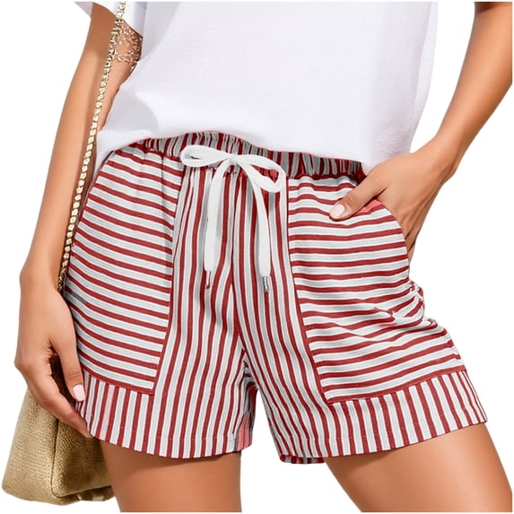 Women's Solid Multi-Pocket Cargo Shorts with Striped Drawstring Elastic Waist