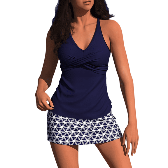 Women's Solid Navy Wrap Front Ruched Racerback Tankini Top & Navy White Geometric Link Print High Waist Swim Skort Two Piece Swimsuit, Tummy Control Modest Full Coverage Tankini Set for Beach Pool Va